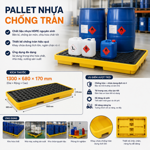 Pallet nhựa chống tràn 1300 × 680 × 170 mm